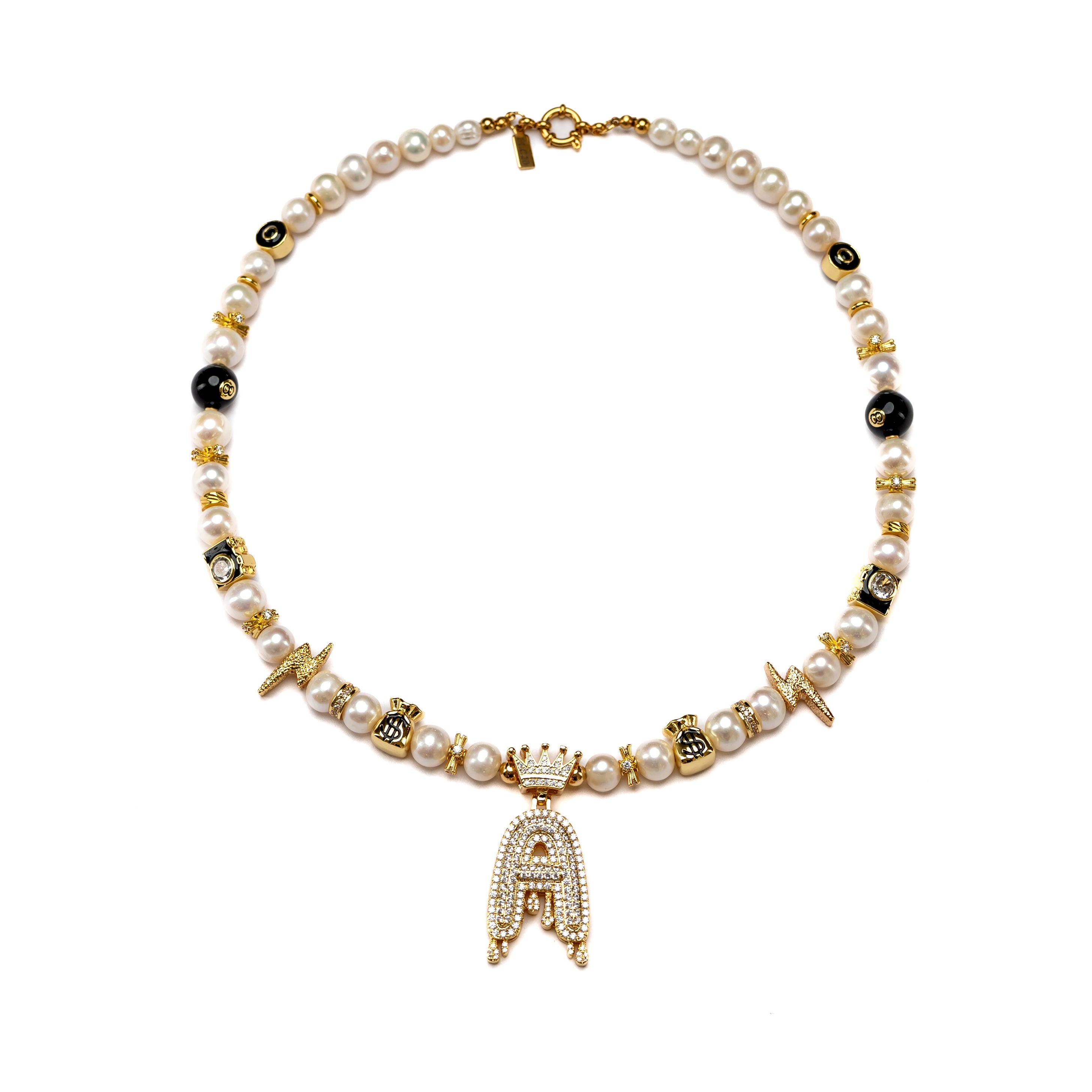 Initials - Black Crown Pearl Necklace
